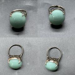 J366ヴィンテージリング　WG刻印 JEWELRY ジュエリー リング ホワイトゴールド オーバル色石　総重量6.5g メンズレディース　指輪　グリーン系　カラーストーン　の画像