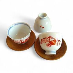 煎茶用湯呑 5客 煎茶器 赤絵 蟹 カニ絵 茶托付き お猪口の画像