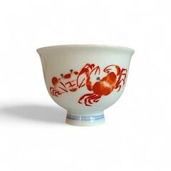 煎茶用湯呑 5客 煎茶器 赤絵 蟹 カニ絵 茶托付き お猪口の画像