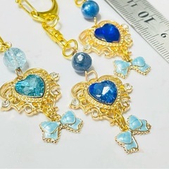 天然石　スカイブルートパーズ　カイヤナイト　ブルー　水色　リボン　キーホルダー　セット　まとめ売りの画像