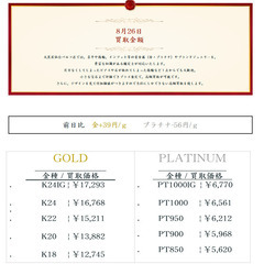 大黒屋仙台パルコ店 8/26 本日の貴金属の買取金額
