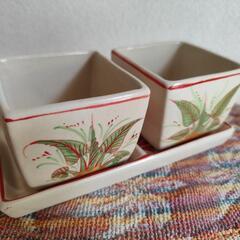 アジアン　2連受け皿付き　陶器鉢の画像
