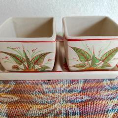 アジアン　2連受け皿付き　陶器鉢の画像