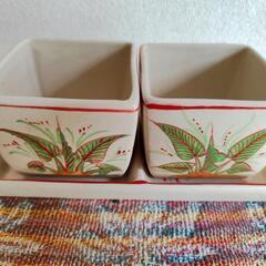 アジアン　2連陶器鉢　受け皿付き　新品の画像