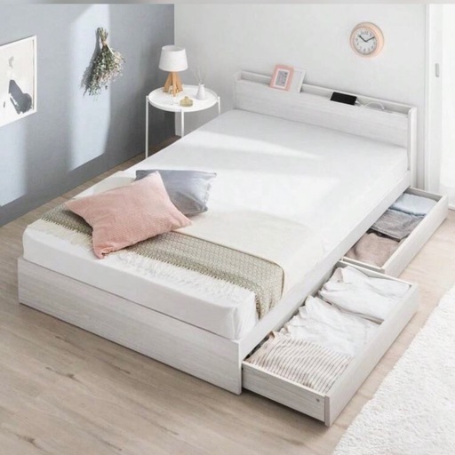 最終値下　タンスのゲン シングル ベッドフレーム ホワイト　宮付 コンセント 収納