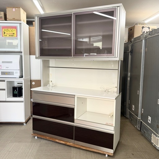 【超美品‼️】定価29万♪ 高級 綾野製作所 140cm幅キッチンボード 食器棚 収納家具 艶あり木目調ダークブラウン♪