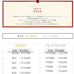 大黒屋仙台パルコ店 8/27 本日の貴金属の買取金額 
