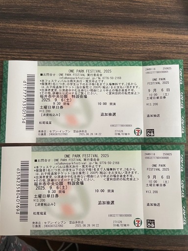 9/6 単日　福井県　ワンパークフェスティバル　チケット2枚(バラ売りも可 )椎名林檎