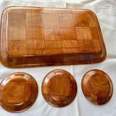 木製　お盆　トレイ　市松模様　チェック柄　小皿セットの画像