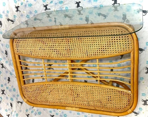 《ガラス天板の籐製(とうせい)ローテーブル(座卓)》ライトブラウン