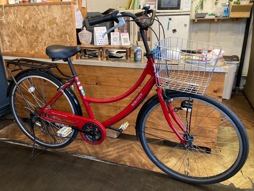 【SALE！8月末まで防犯登録無料！前輪タイヤ・前輪チューブ新品！】 LEDオートライト　6段変速　26インチ自転車　レッド