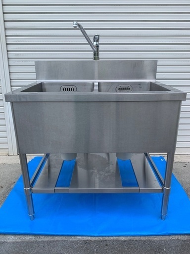 業務用 2槽 シンク 流し台 900 × 600 × 950 バックガード 高さ調整可 ステンレス 厨房機器 飲食店