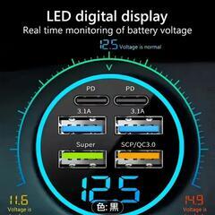 新品未使用新アップグレード版6-in-1高速充電カーアダプター、3.1A対応デュアルType-C付き、スマートフォン・タブレット・パワーバンク用デジタルディスプレイ、スタイリッシュなブラックカープラグデザインの画像