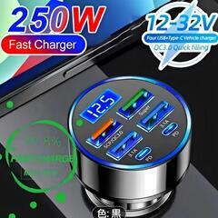 新品未使用新アップグレード版6-in-1高速充電カーアダプター、3.1A対応デュアルType-C付き、スマートフォン・タブレット・パワーバンク用デジタルディスプレイ、スタイリッシュなブラックカープラグデザインの画像