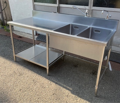 特注品 業務用 2槽シンク 混合水栓 ２口蛇口付き 幅1800×奥750×高さ850(mm) 二層シンク 二層 2層 二槽 店舗 厨房機器 流し台 台付き 大阪