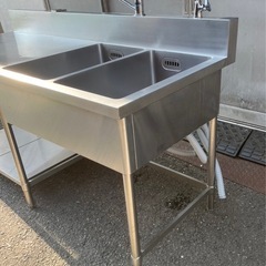 特注品 業務用 2槽シンク 混合水栓 ２口蛇口付き 幅1800×奥750×高さ850(mm) 二層シンク 二層 2層 二槽 店舗 厨房機器 流し台 台付き 大阪の画像
