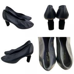 現状品 CELINE セリーヌ 23.5cm Vネック パンプス　サイズ３７　ベルベット　 ネイビー　ブラック/レザー レディース [1000025337678]の画像