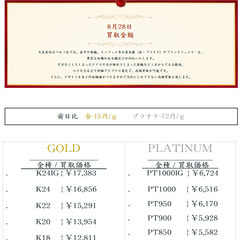 大黒屋仙台パルコ店 8/28 本日の貴金属の買取金額