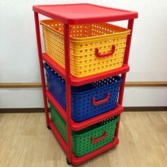 stp-3359　収納ラック①　3段　キャスター付き　プラスチック　バスケット　カラーボックス　両面　収納ボックス　キッズ　玩具　収納　ラック　カラフルの画像