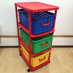 stp-3360　収納ラック②　3段　キャスター付き　プラスチック　バスケット　カラーボックス　両面　収納ボックス　キッズ　玩具　収納　ラック　カラフルの画像