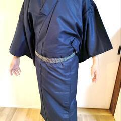【羽織付き着物セット】粋な紺地模様｜裏地に山水画入り・細紐付き羽織の画像