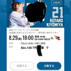本日！8月29日！エスコン　観戦チケット　日本ハムファイターズ　2席＋駐車場１台の画像
