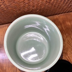 【茶道具】配送可能　峰鶴 作 青瓷丸紋水指 鶴雲紋 木箱付 塗蓋付 煎茶道具 茶器 良品　骨董　古道具　古玩　韓国　高麗　の画像