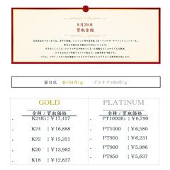 大黒屋仙台パルコ店 8/29 本日の貴金属の買取金額