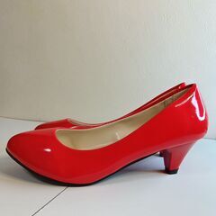 新品 25cm レッド パンプス ミュール 光沢感 ツヤ ローヒール サンダルの画像