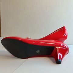 新品 25cm レッド パンプス ミュール 光沢感 ツヤ ローヒール サンダルの画像