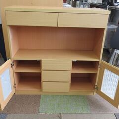 幅89.5㎝ キャビネット  カップボード 高さ90㎝  ガラス扉 サイドボード ナチュラルブラウン リビングボード 札幌 北20条店の画像