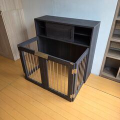 未使用訳あり 付き折りたたみ型ケージ カウンター下収納 幅90 奥行32.5 高さ87.5 cm ブラック ペットケージ ペットゲージ ペットサークルの画像