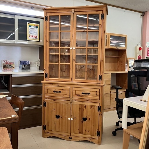 中古品　パイン材　カントリー調食器棚　幅900cm 二分割タイプ　公田店