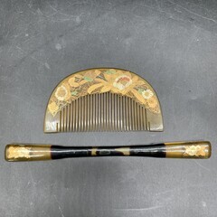L338 アンティーク　櫛＆簪セット 金箔べっこう色　花柄　彫金　彩色　櫛　笄　日本髪　和装　髪飾り　かんざし当時物　鼈甲色べっ甲色の画像