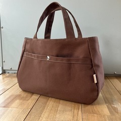 【ハンドメイド】帆布トートバッグ 外ポケット付き 茶色 ブラウン 0829の画像