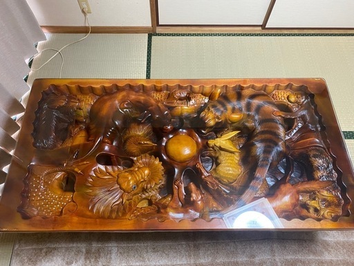 豪華 十二支 テーブル 木彫り ガラス天板
