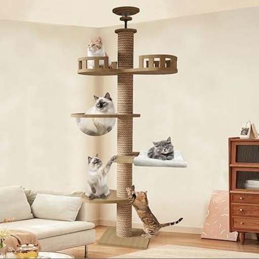 キャットタワー 突っ張り 木製 高さ調整幅235~260cm 爪とぎ 太い支柱