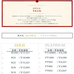 大黒屋仙台パルコ店 8/31 本日の貴金属の買取金額