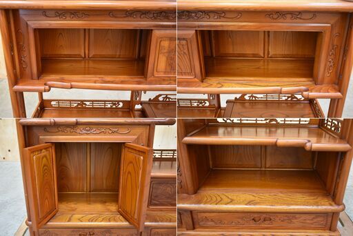 ≪yt2026ジ≫ 飾り棚 違い棚 松竹梅 唐木 透かし彫り 隠し引き出し付き