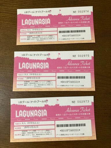 ラグナシア1日パスポート（ナイトプール付）　３枚セット