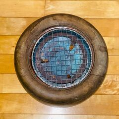 火鉢 木製 銅炉付 五徳付 金網付 直径約38cm H約23cm 送料込みの画像