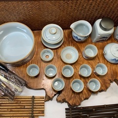 【未使用 中国茶器セット】急須 茶入 山水図 箱付 茶道具 煎茶道具 茶器 煎茶器 茶杯 工芸品 中国美術の画像