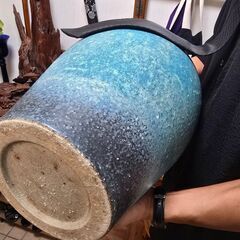 信楽焼　花瓶　口変形青流し　壺　陶磁器　啓紘の画像