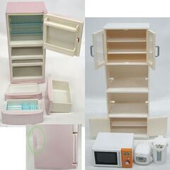 ミニチュア リーメント ぷちサンプル 4点セット　ぷち冷蔵庫 たっぷりさん（ピンク）・ぷちお台所 ホワイト 食器棚、クックさん、家電棚　小型家電付 ☆ PayPay(ペイペイ)決済可能 ☆ 札幌市 豊平区 平岸 平岸店の画像