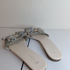 新品 26cm オレンジ 花柄 リボン ミュール サンダル ローヒール スリッポの画像