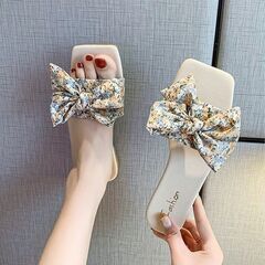 新品 25.5cm オレンジ 花柄 リボン ミュール サンダル ローヒール スリの画像