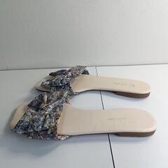新品 26cm ブルー 花柄 リボン ミュール サンダル ローヒール スリッポンの画像