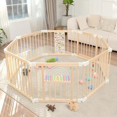 （ 9/4木曜日到着予定）ベビーサークル、赤ちゃんや幼児用のベビーサークル、折りたたみ式木製ベビーサークル、ベビーゲート付きベビーアクティビティセンター、形状とサイズを調節可能なポータブル大型ベビーサークの画像