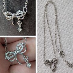 ラインストーン/シルバーリボンチャームネックレス（新品）の画像