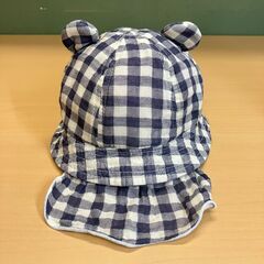 耳・ネックガード付 ベビーハット（ネイビーチェック）46cmの画像